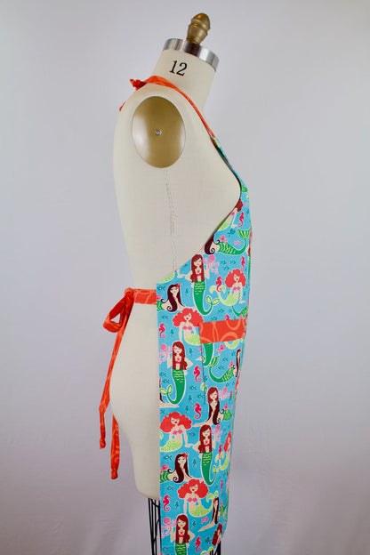Mermaid Friends Apron-The Blue Peony-Age Group_Adult,Animal_Mermaid,Apron Style_Chef,Category_Apron,Color_Teal,Department_Kitchen,Material_Cotton,Theme_Water Life