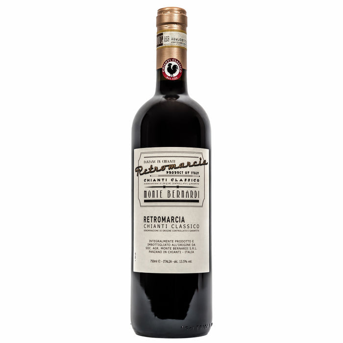 Monte Bernardi wine bottle with Retromarcia Chianti Classico label