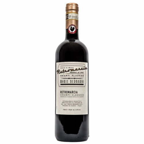 Monte Bernardi wine bottle with Retromarcia Chianti Classico label