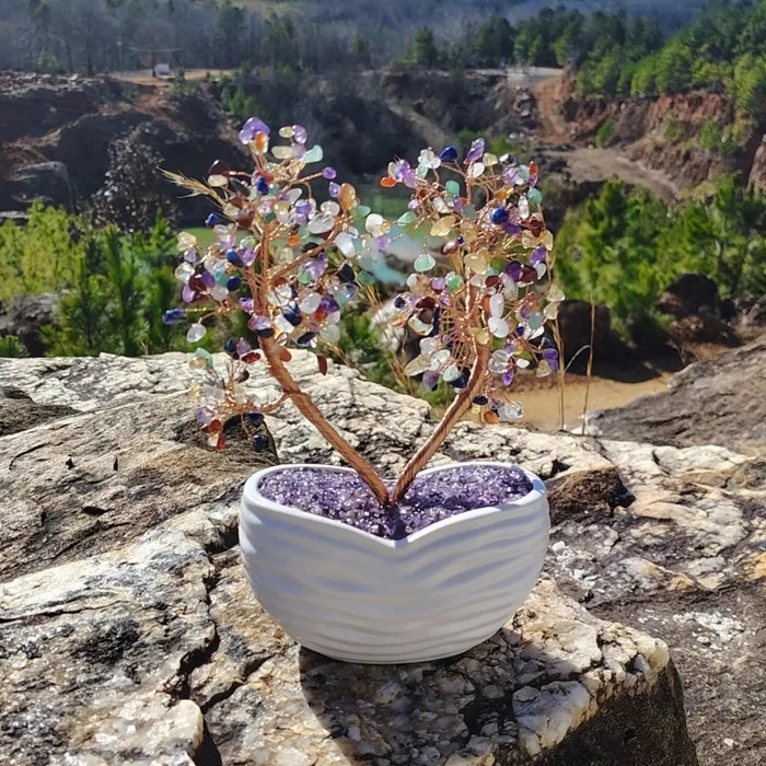 This is the front side of this multi-gemstone crystal tree. in a white  container