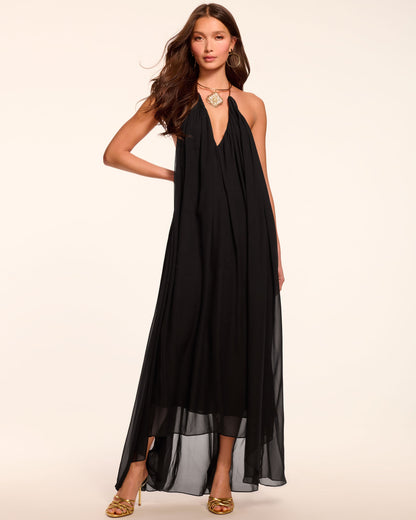 Rainn Chiffon V-Neck Halter Gown