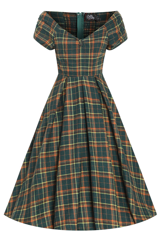 Lily Off Shoulder Green Tartan Check Circle Dress