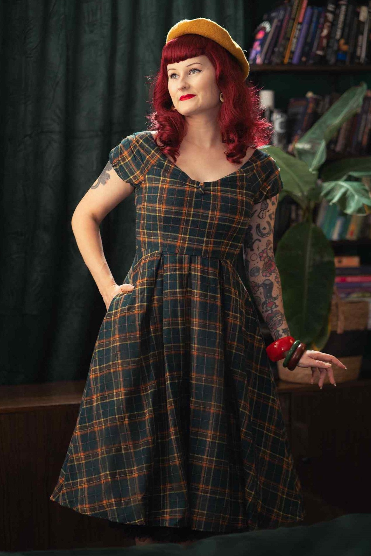 Lily Off Shoulder Green Tartan Check Circle Dress
