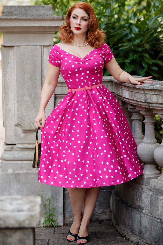 Lily Off-Shoulder Polka Dot Evening Dress in Hot Pink/White