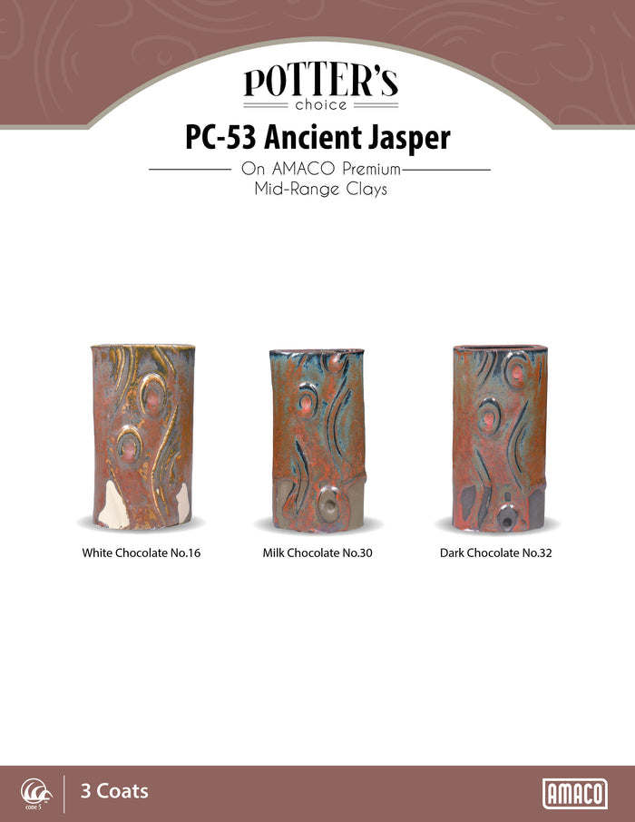 PC-53 Ancient Jasper glaze, 3 coats at cone 5, on Amaco White, Milk and Dark Chocolate clays: three relief-patterned cylinders