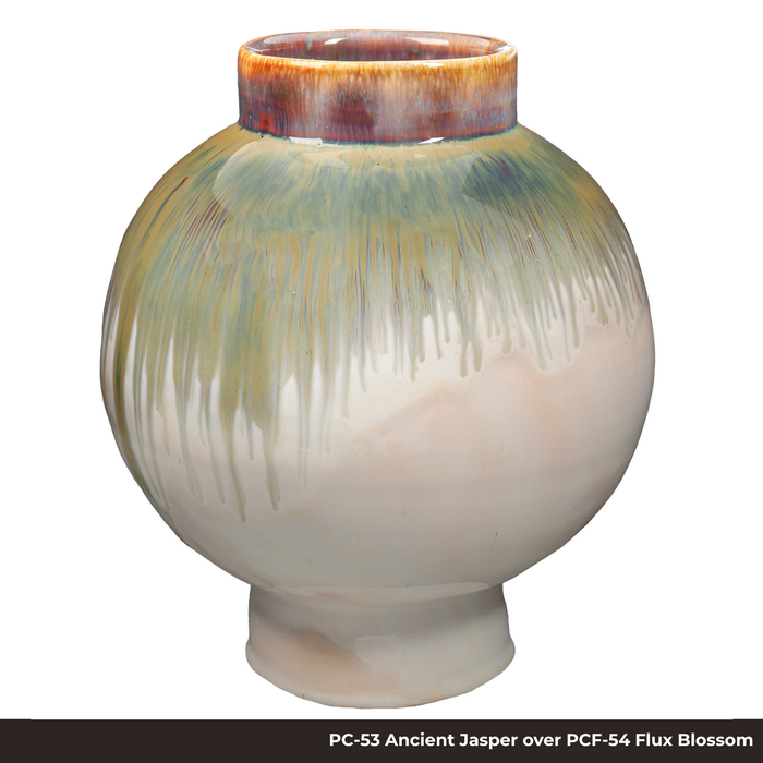 Round footed vase in PC-53 Ancient Jasper glaze over PCF-54 Flux Blossom glaze, green drips over cream white
