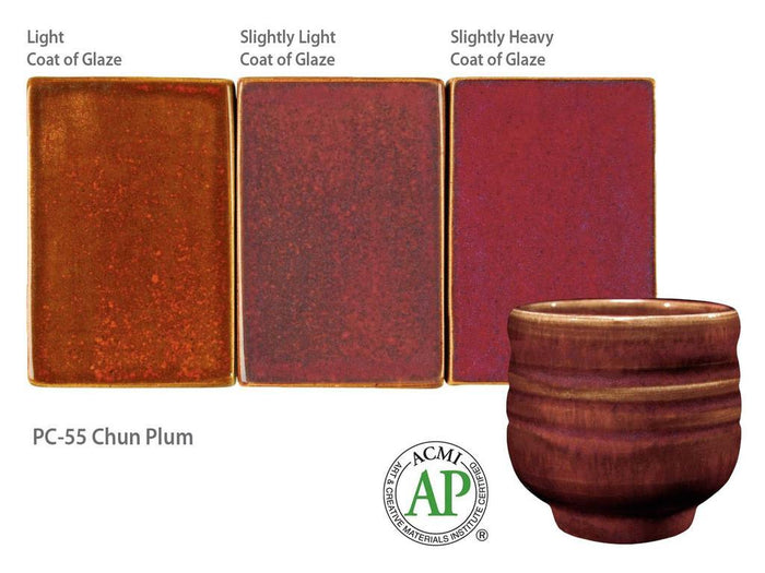 PC-55 Chun Plum glaze test tiles at light to slightly heavy coats, rust-orange to plum red, with a ribbed red-brown cup