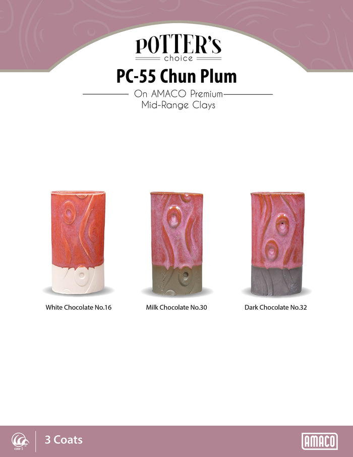 PC-55 Chun Plum glaze at cone 5 on three Amaco clays, White, Milk and Dark Chocolate, pink-red over textured cylinders