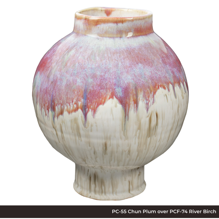Round vase in PC-55 Chun Plum glaze over PCF-74 River Birch, pink-red shoulder dripping into creamy white streaks
