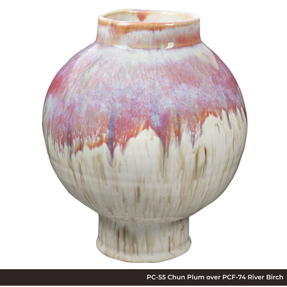 Round vase in PC-55 Chun Plum glaze over PCF-74 River Birch, pink-red shoulder dripping into creamy white streaks