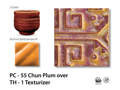 PC-55 Chun Plum glaze over TH-1 Texturizer on a geometric relief tile, plum pink breaking amber, with a ribbed cup