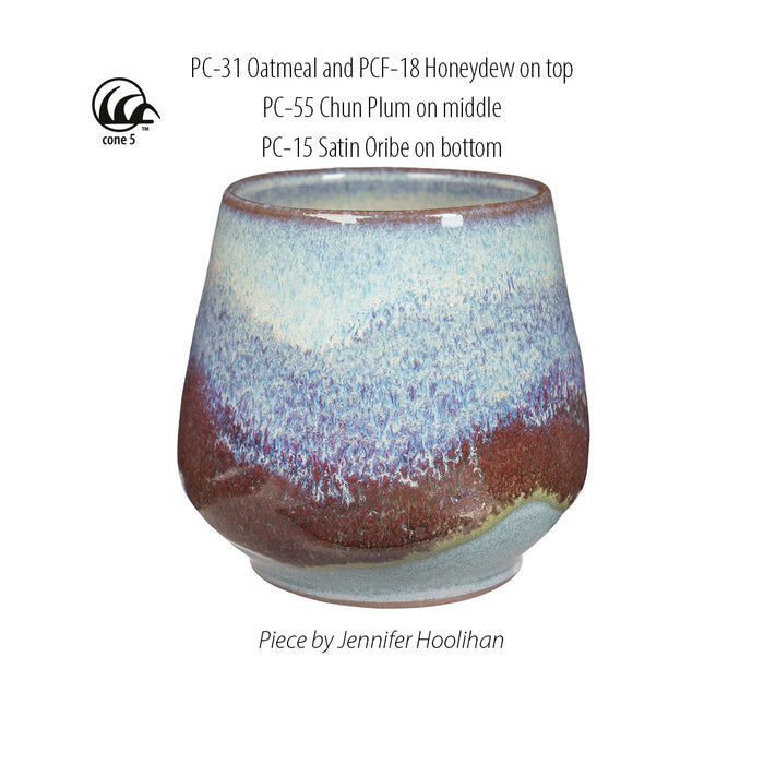 Cup layered in PC-31 Oatmeal and PCF-18 Honeydew, a PC-55 Chun Plum middle band and PC-15 Satin Oribe at the base