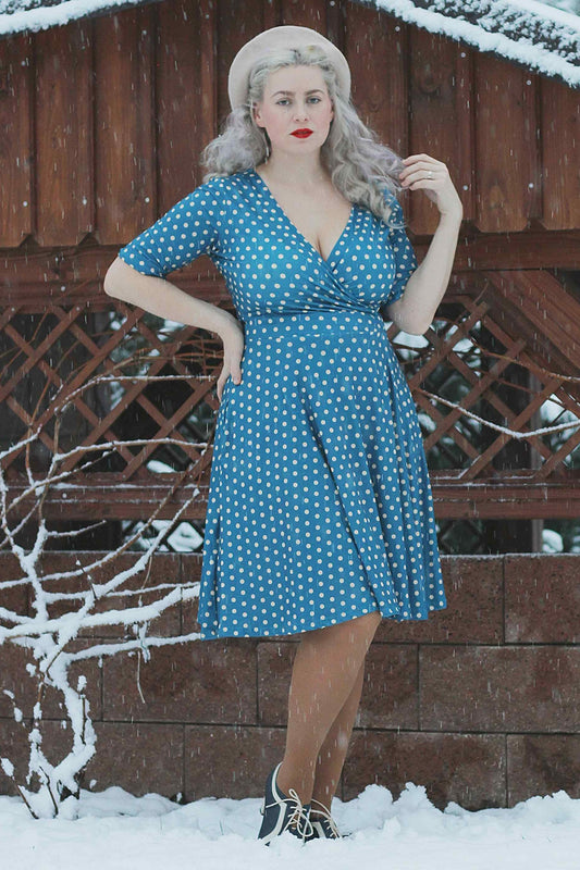 Matilda Peacock Blue & Cream Polka Dot Wrap Dress