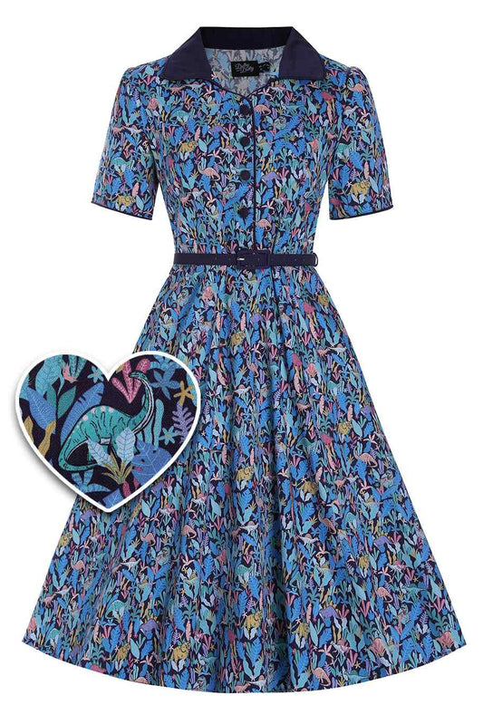 Penelope Dinosaur Shirt Dress in Navy Blue