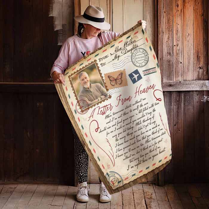 Personalized In Memory Blanket For Loss Of Father, Letter From Heaven, Funeral Throws Memorial Blankets For Dad, Personalized Photo Blanket, Condolence Blanket