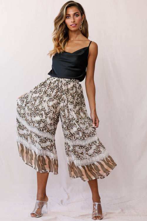 Gemini Accordion Pleat Wide Leg Pants Brown Leopard