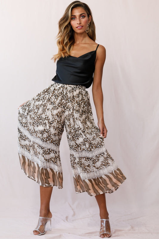 Gemini Accordion Pleat Wide Leg Pants Brown Leopard