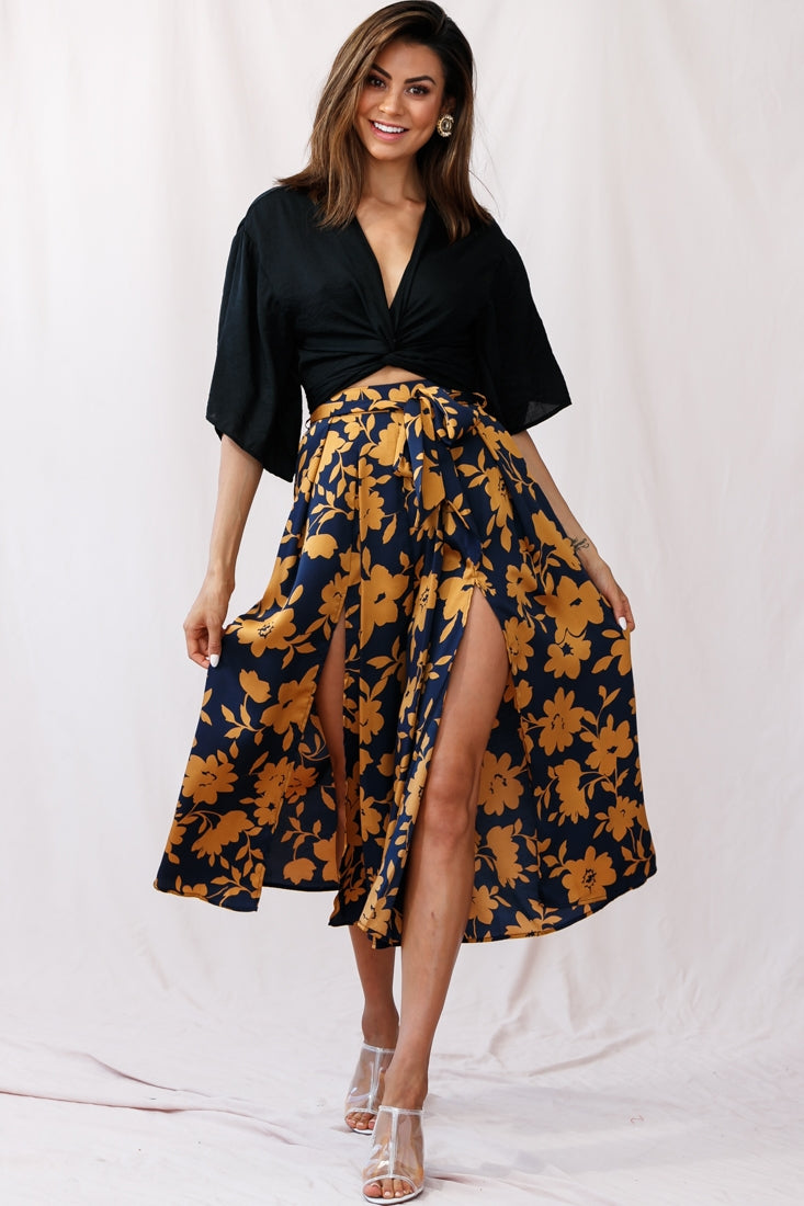 Danika Front Split Midi Culotte Pants Navy/Mustard