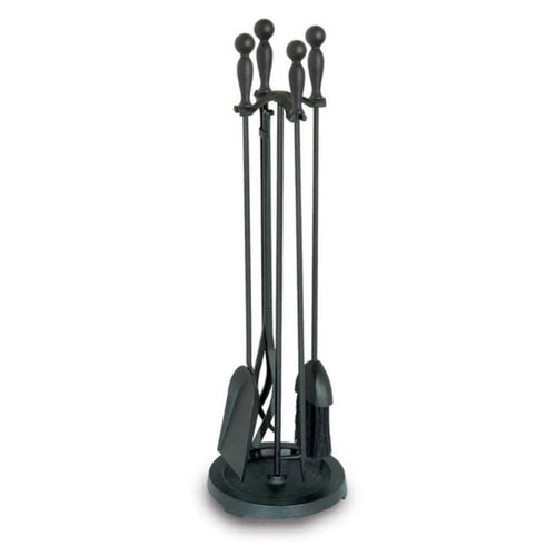 Pilgrim 5 Piece Matte Black Fireplace Tool Set with Iron Ball Handles and Round Base