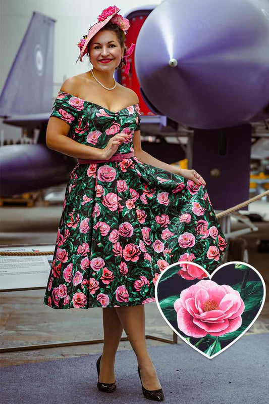 Lily Pink Camellia Off Shoulder Dress In Black