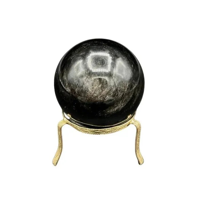 Front Side Of Silversheen Obsidian Sphere Glossy Black With A Iridescent Overlay Of Silver