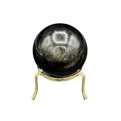 Front Side Of Silversheen Obsidian Sphere Glossy Black With A Iridescent Overlay Of Silver
