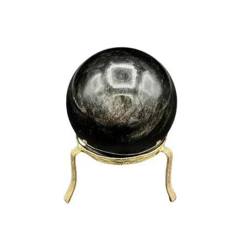 Front Side Of Silversheen Obsidian Sphere Glossy Black With A Iridescent Overlay Of Silver