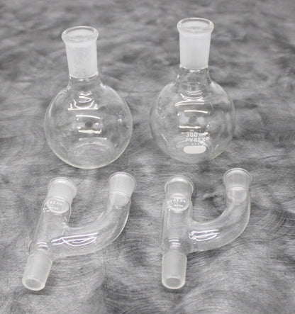 Pyrex 300mL Flat Bottom Recovery Flask 24/40 and Three-Way Claisen Adapter 19/22