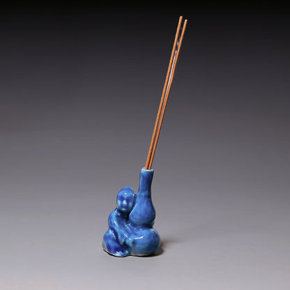 Qing Dynasty, Blue Glazed Incense Burner (Man & Gourd Drinking Bottle)