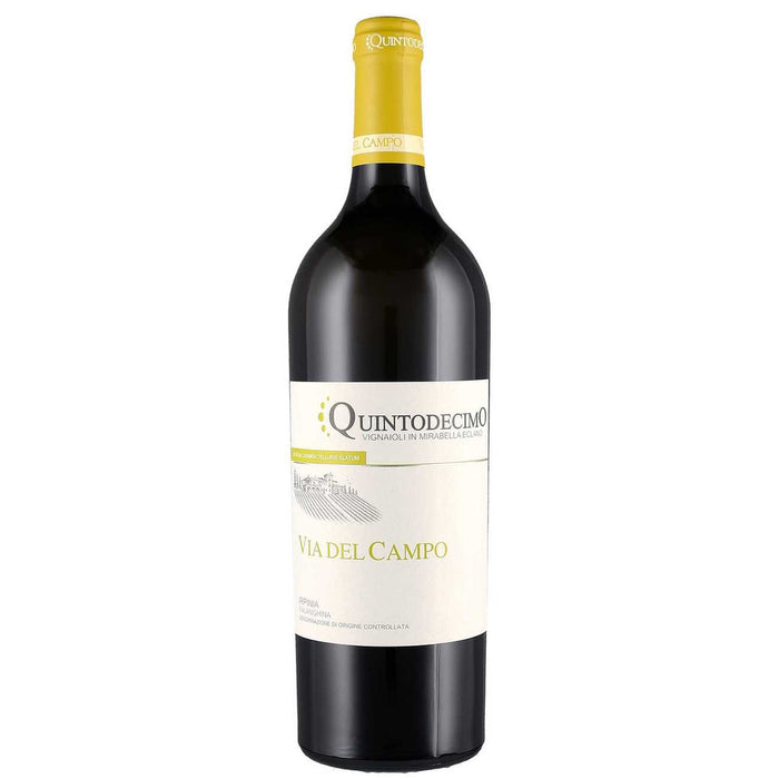Wine bottle with yellow foil cap and white label; dark glass body.