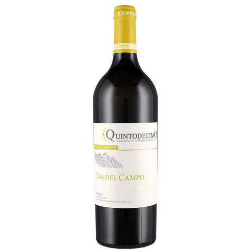 Wine bottle with yellow foil cap and white label; dark glass body.