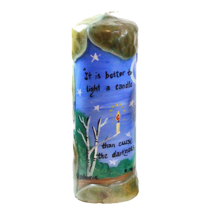 Quote Pillar Candle - "It is better to light a candle than curse the darkness" Chinese Proverb - Candlestock.com