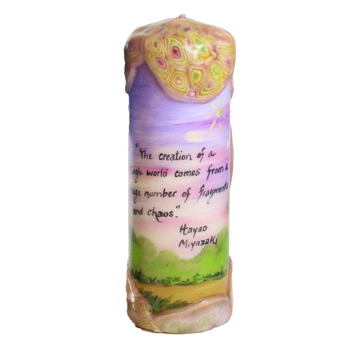 Quote Pillar Candle - "The creation of a single world comes from a huge number of fragments and chaos" Hayao Miyazaki