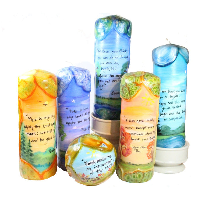 Quote Pillar Candle - "The creation of a single world comes from a huge number of fragments and chaos" Hayao Miyazaki