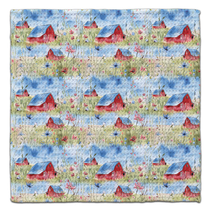 Red Barns in Meadow Waffle Weave Washcloth