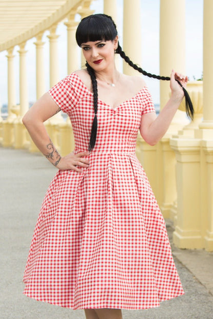 Lily Off Shoulder Red Gingham Swing Dress