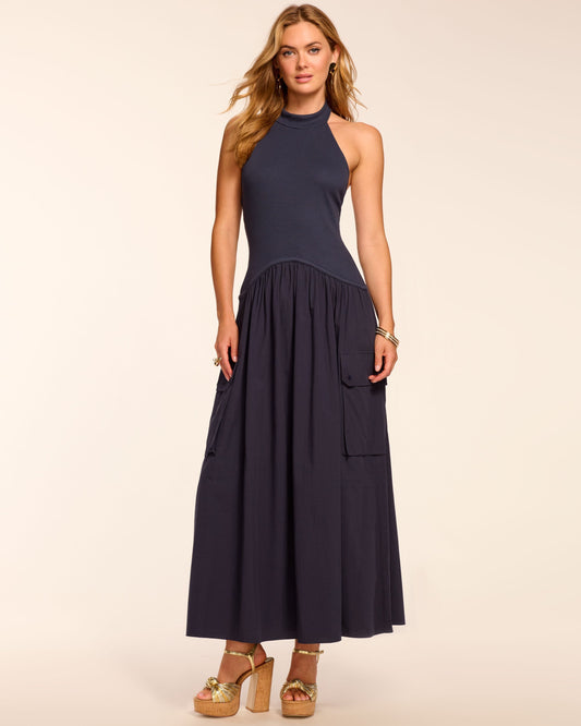 Simonne Cotton Knit Combo Halter Maxi Dress