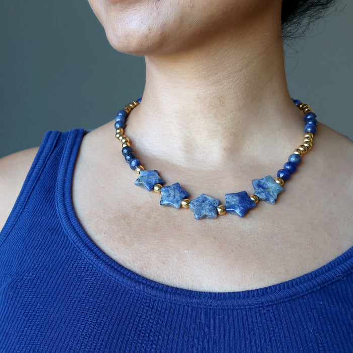 sodalite star necklace on woman