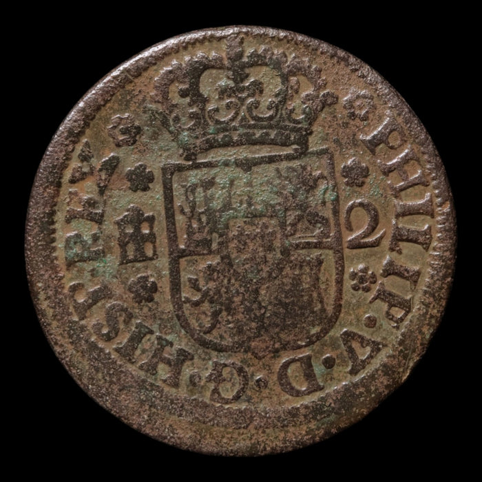 Spain, King Philip V, AE 2 Maravedis - 1744 CE - Spanish Empire