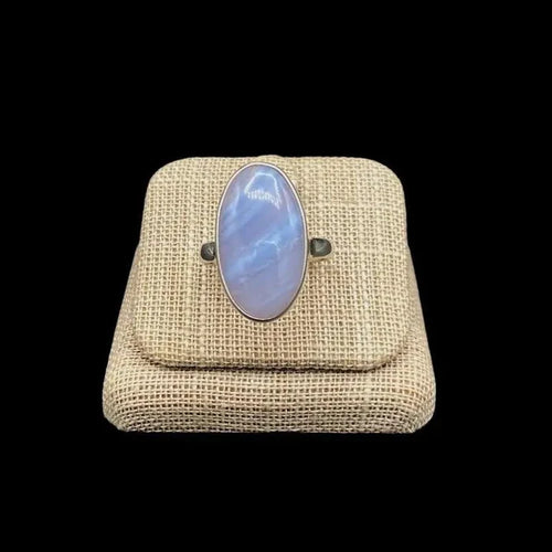 Sterling Silver And Lace Agate Ring, Lace Agate Gemstone is Striped Two Tone White And Iridescent  Baby Blue And Is Oval Cut