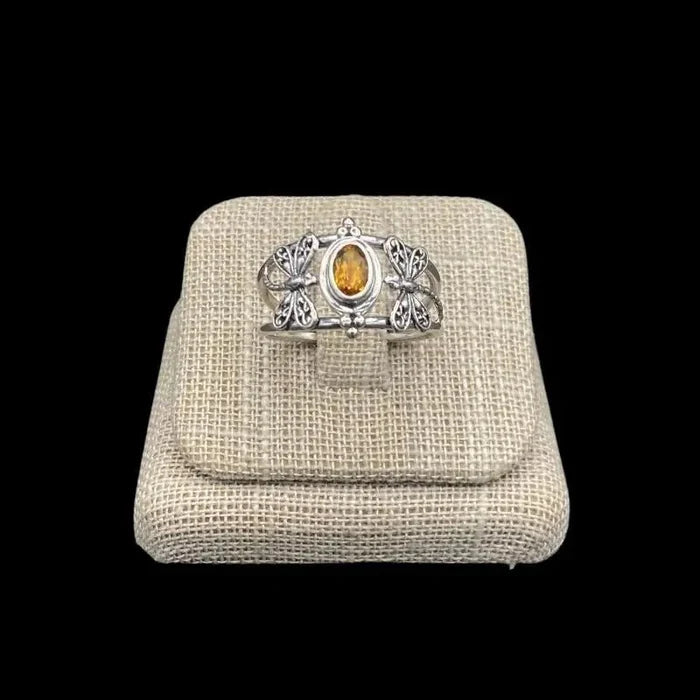 Front View Of Sterling Silver Dragonfly Citrine Gemstone Ring,