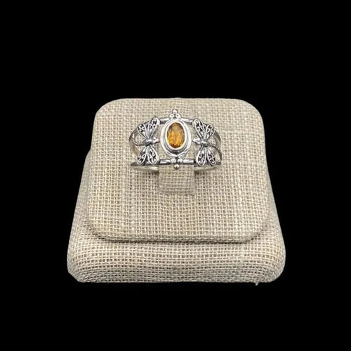 Front View Of Sterling Silver Dragonfly Citrine Gemstone Ring,