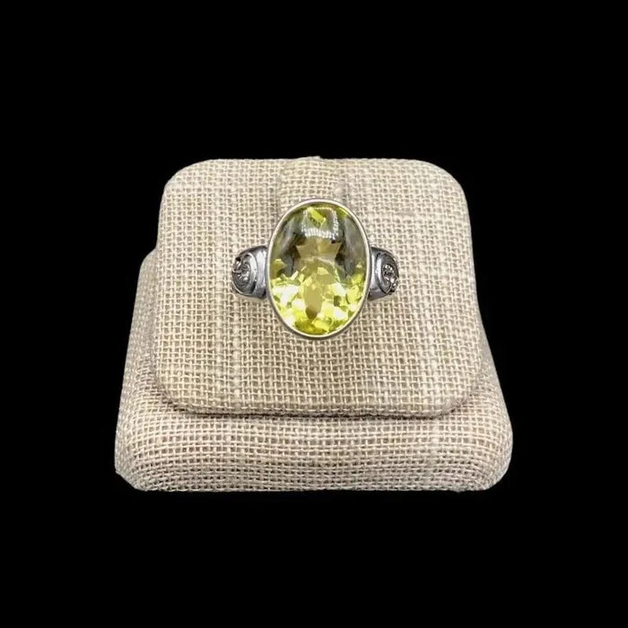 Sterling Silver Ring With Oval Shaped Lemon Quartz Gemstone, Gemstone Is A Shiny Chartreuse Color