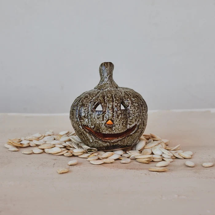 Stoneware Jack-O-Lantern Tea Light Candle Holder
