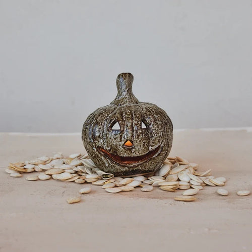 Stoneware Jack-O-Lantern Tea Light Candle Holder