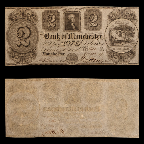 The Bank of Manchester, Two Dollars - November 20th, 1837 - Manchester, Michigan, USA