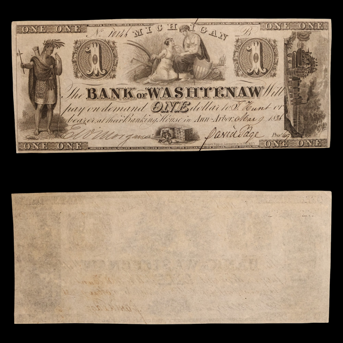 The Bank of Washtenaw, One Dollar Note - March 9th, 1836 - Ann Arbor, Michigan, USA