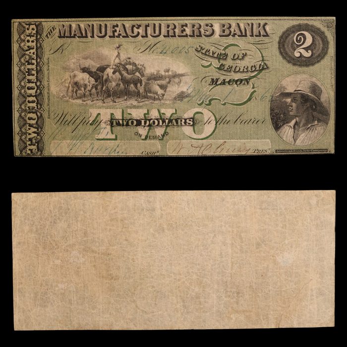 The Manufacturers Bank, Two Dollars - May 1st, 1862 - Macon, Georgia, USA