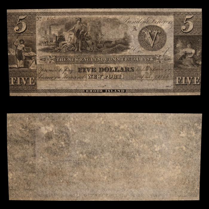 The New England Commercial Bank, Five Dollars - April 9th, 1846 - Newport, Rhode Island, USA