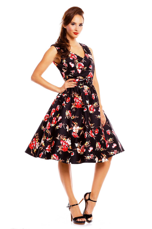 May V-neck 50s Style Swing Dress in Black-Pink Floral